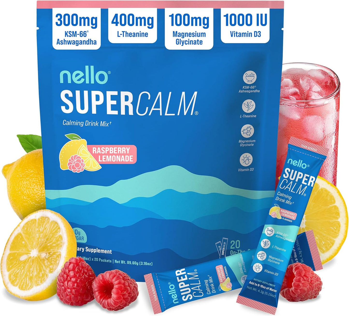 Nello Supercalm - Mezcla de bebida en polvo, reductor de cortisol y ayuda para dormir, L Teanina, Ashwagandha Ksm-66, Magnesio Glicinato, Vitamina D3, Sin azúcar, Sin GMO