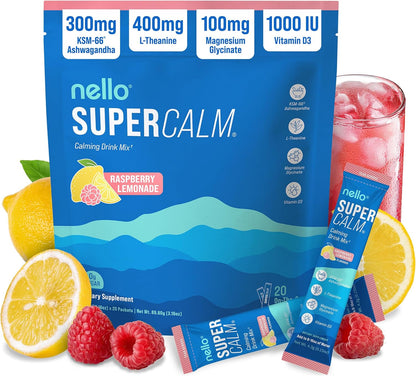 Nello Supercalm - Mezcla de bebida en polvo, reductor de cortisol y ayuda para dormir, L Teanina, Ashwagandha Ksm-66, Magnesio Glicinato, Vitamina D3, Sin azúcar, Sin GMO