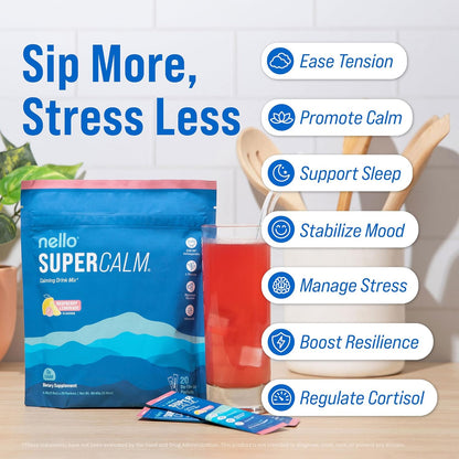 Nello Supercalm - Mezcla de bebida en polvo, reductor de cortisol y ayuda para dormir, L Teanina, Ashwagandha Ksm-66, Magnesio Glicinato, Vitamina D3, Sin azúcar, Sin GMO