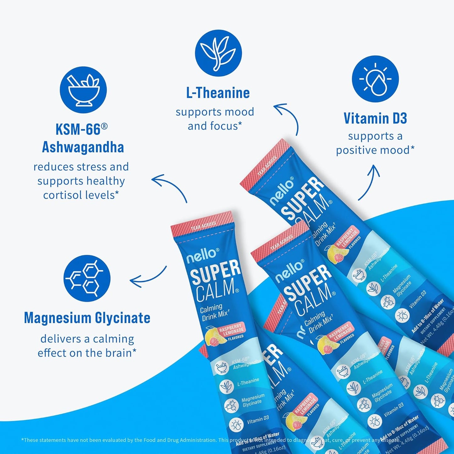 Nello Supercalm - Mezcla de bebida en polvo, reductor de cortisol y ayuda para dormir, L Teanina, Ashwagandha Ksm-66, Magnesio Glicinato, Vitamina D3, Sin azúcar, Sin GMO