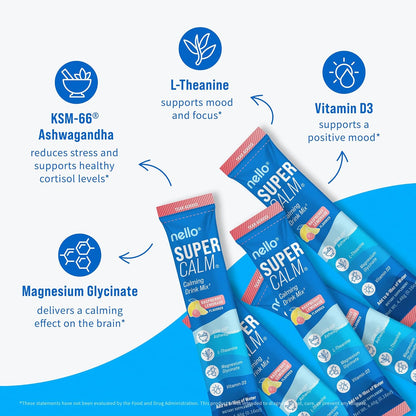Nello Supercalm - Mezcla de bebida en polvo, reductor de cortisol y ayuda para dormir, L Teanina, Ashwagandha Ksm-66, Magnesio Glicinato, Vitamina D3, Sin azúcar, Sin GMO