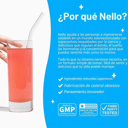 Nello Supercalm - Mezcla de bebida en polvo, reductor de cortisol y ayuda para dormir, L Teanina, Ashwagandha Ksm-66, Magnesio Glicinato, Vitamina D3, Sin azúcar, Sin GMO