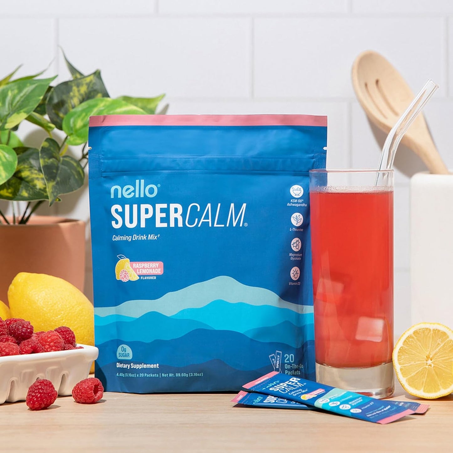 Nello Supercalm - Mezcla de bebida en polvo, reductor de cortisol y ayuda para dormir, L Teanina, Ashwagandha Ksm-66, Magnesio Glicinato, Vitamina D3, Sin azúcar, Sin GMO