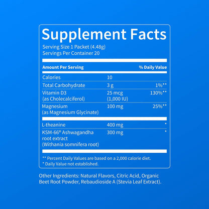 Nello Supercalm - Mezcla de bebida en polvo, reductor de cortisol y ayuda para dormir, L Teanina, Ashwagandha Ksm-66, Magnesio Glicinato, Vitamina D3, Sin azúcar, Sin GMO